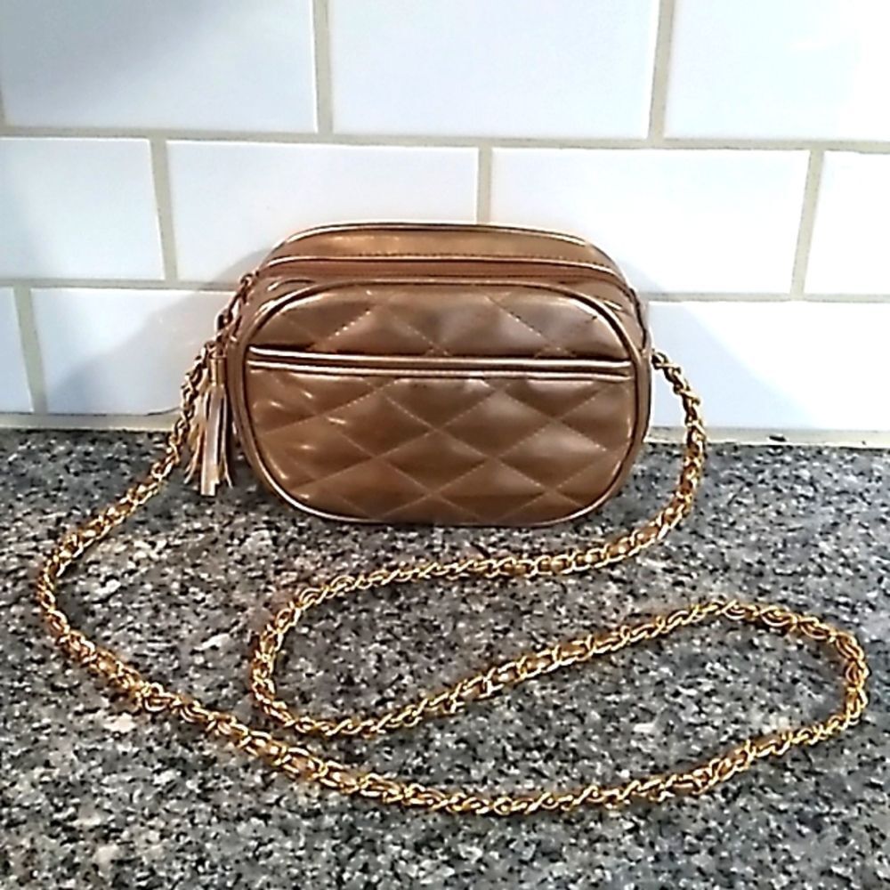 Golden Bronze Braided Gold Chain, Tassel Zips Quilted Crossbody Bag.